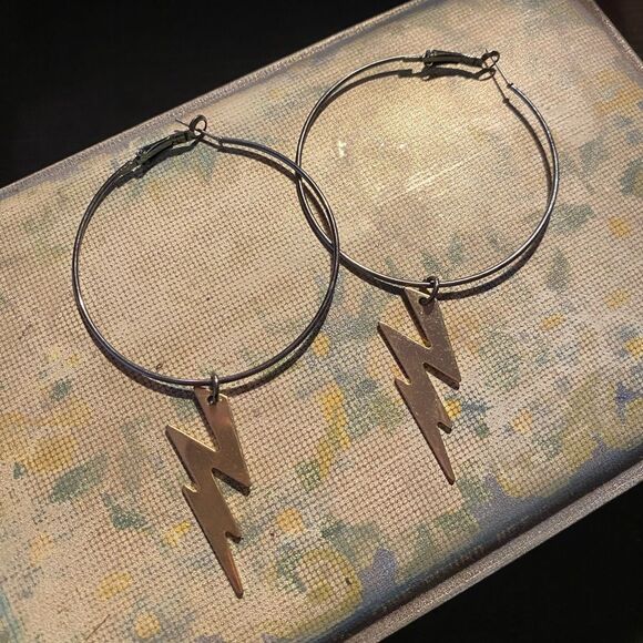 Funky Silver Hoop Earrings with Gold Lightening Bolt Charms - Picture 1 of 4
